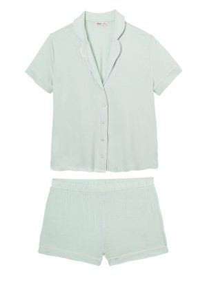 Hellgrünes kurzärmeliges Knopf-Pyjamaoberteil mit passenden Shorts mit elastischem Bund, beide mit dezentem weißen Rand an den Kanten.