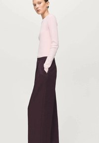 Roza majica z dolgimi rokavi v kombinaciji s širokimi temno vijoličnimi hlačami z visokim pasom. Obleka ima minimalističen dizajn z gladko teksturo.