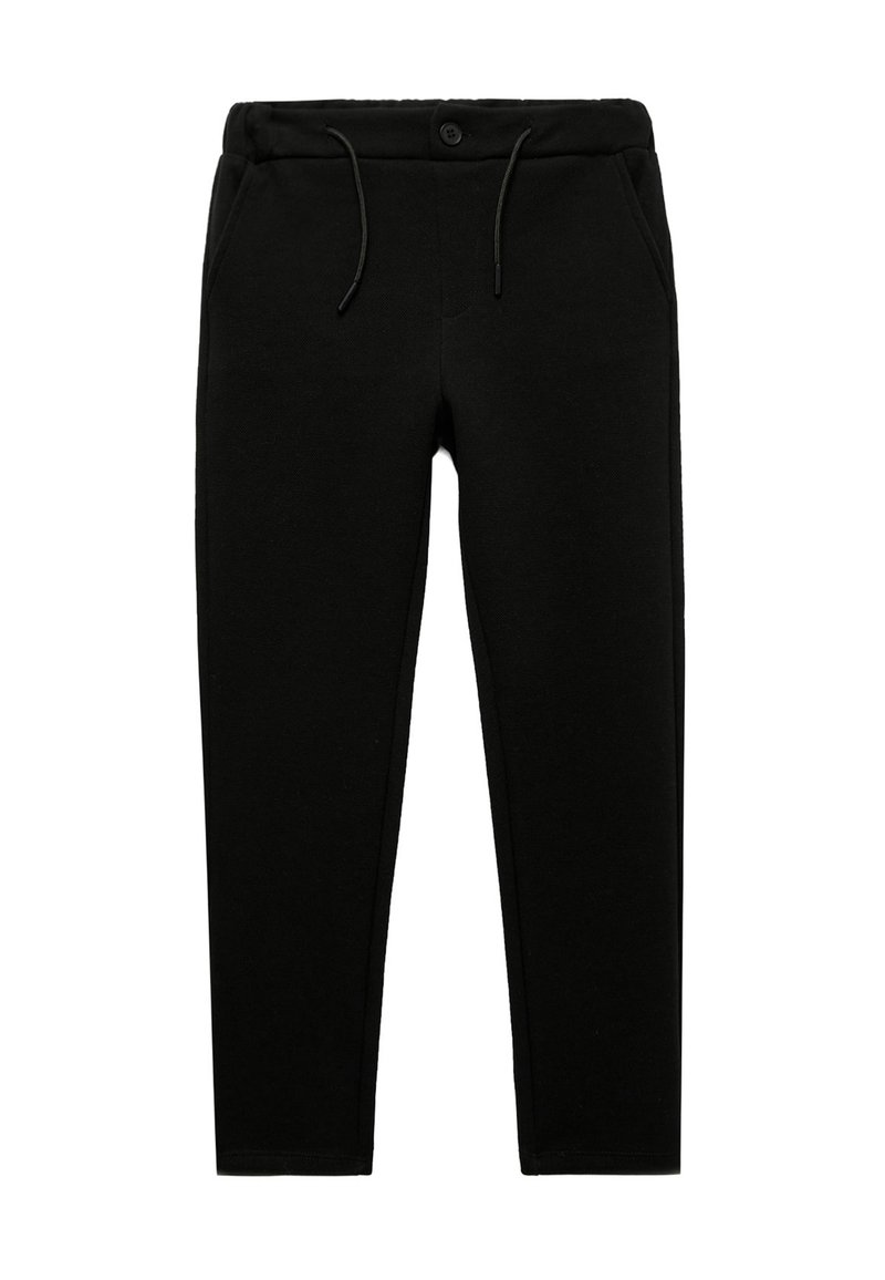 Black sweatpants featuring a drawstring waistband, front pockets, and a soft texture. The design is tapered at the ankle for a streamlined fit.
