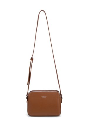Borsa a tracolla rettangolare in pelle marrone con tracolla regolabile e cerniera argentata, piccolo logo argentato al centro sul davanti.
