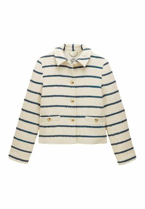 Weiß gekürzte Jacke mit navyblauen und türkisfarbenen horizontalen Streifen, mit Kragen, goldenen Knöpfen und zwei Vorder taschen.