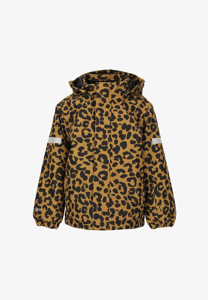Leopardmönstrad jacka i brunt och svart med huva, långa ärmar, elastiska muddar och en reflekterande detalj på ärmen.