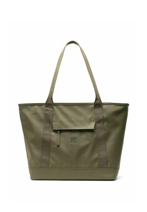 Sac fourre-tout vert olive avec longues anses, poche avant à rabat et logo embossé "Herschel Supply Company".
