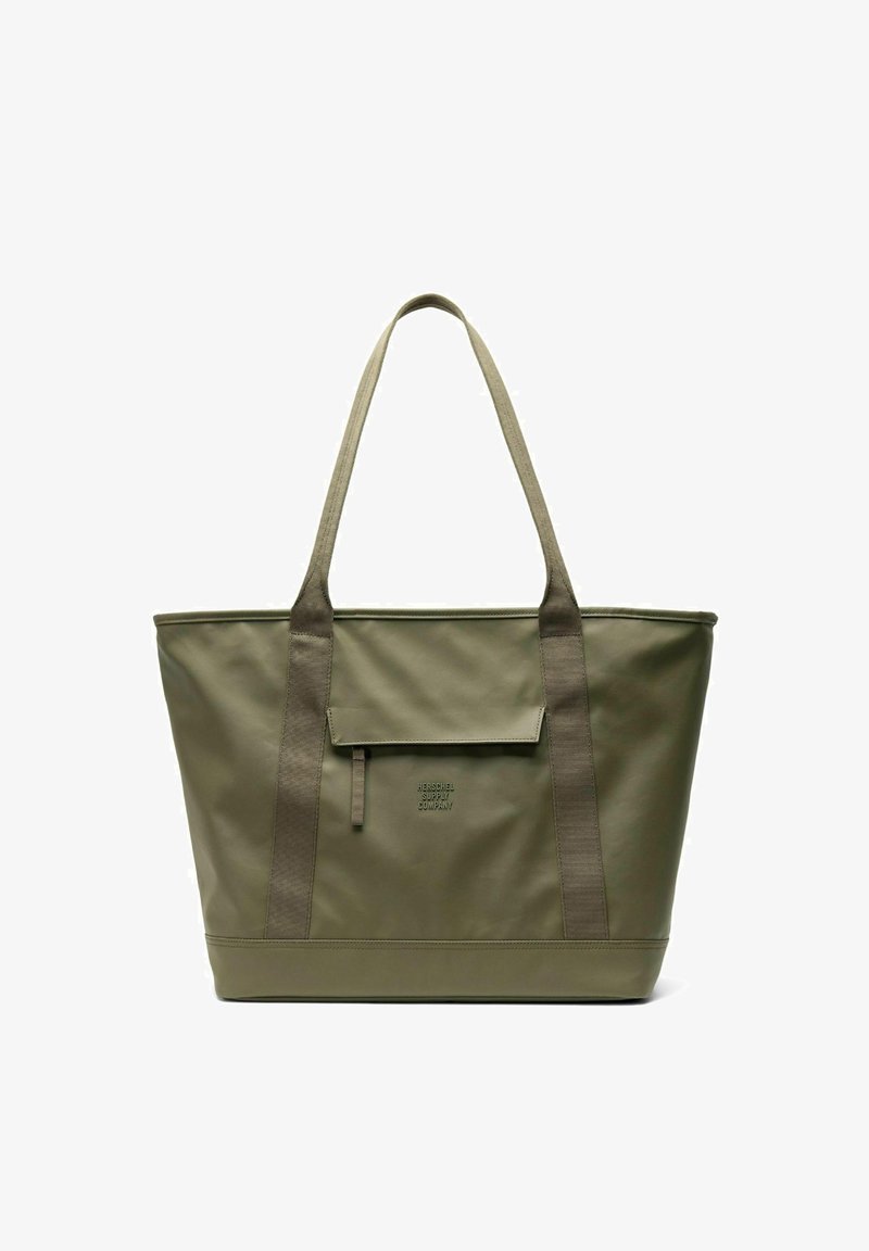 Sac fourre-tout vert olive avec longues anses, poche avant à rabat et logo embossé "Herschel Supply Company".