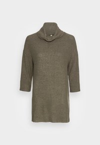 Halsferner, langärmliges Oberteil in gedämpftem Olivgrün. Der Stoff wirkt weich mit einer melierten Textur. Lockerer Schnitt, abgerundeter Saum, vielseitiges Design.