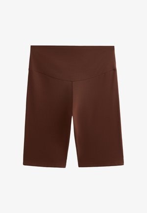 Pantaloni scurți de ciclism maro cu talie înaltă, realizați dintr-un material elastic, cu o textură netedă și un croi până la genunchi.