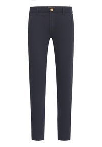Pantalon bleu marine ajusté avec passants de ceinture, fermeture avant par bouton, et poches latérales discrètes sur fond blanc.