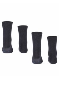 Calcetines de algodón gris oscuro con puños acanalados, que presentan una textura suave y un diseño anatómico, exhibidos en un conjunto de cuatro.