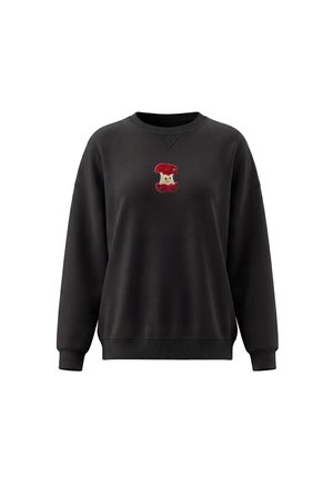 Sort langærmet sweatshirt med ribkanter på ærmer og kant, med en lille rød æblekernegrafik centreret på brystet.