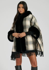 South Beach FAUX FUR CHECK FRINGE PONHCO - Poncho - black
