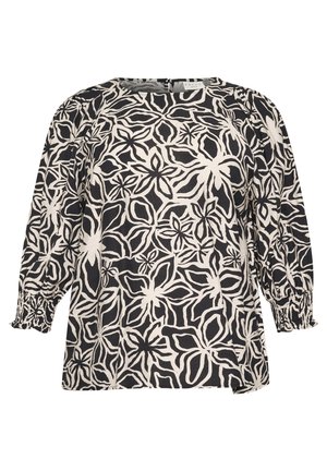 Black and cream blouse featuring a floral print, round neck, and gathered sleeves with elastic cuffs, made of lightweight fabric.