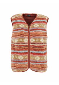 Kamizelka polarowa z żywym, paskowanym wzorem w kolorach pomarańczowym, różowym, niebieskim i kremowym. Posiada zamek błyskawiczny z przodu i bezrękawną konstrukcję.