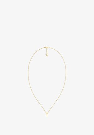 Naszyjnik w odcieniu złota z delikatnym łańcuszkiem i minimalistycznym zawieszką w kształcie litery Y, zapinany na karabińczyk i regulowany dzięki przedłużce.