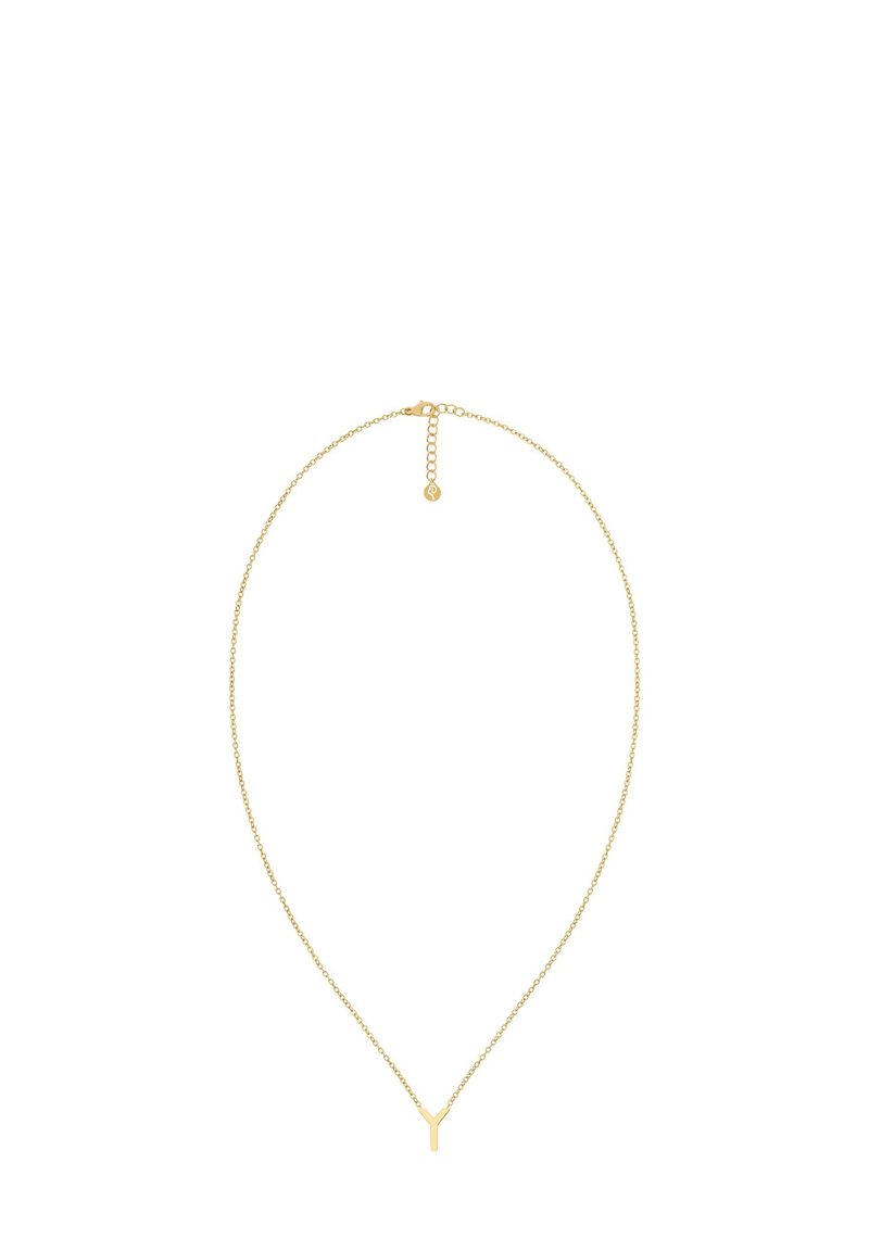 Naszyjnik w odcieniu złota z delikatnym łańcuszkiem i minimalistycznym zawieszką w kształcie litery Y, zapinany na karabińczyk i regulowany dzięki przedłużce.