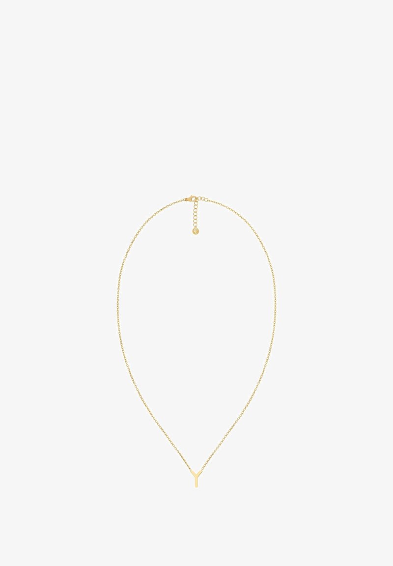 Naszyjnik w odcieniu złota z delikatnym łańcuszkiem i minimalistycznym zawieszką w kształcie litery Y, zapinany na karabińczyk i regulowany dzięki przedłużce.