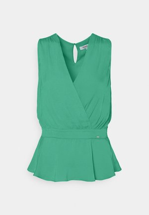Mouwloze groene blouse met V-hals, overslag aan de voorkant, geplooide taille, peplumzoom en knoopsluiting met oogje aan de achterkant.