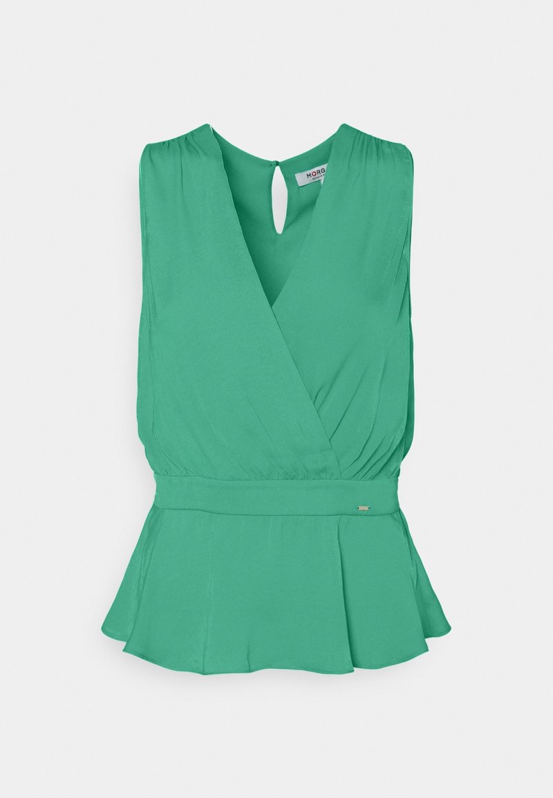 Blouse verte sans manches avec col en V, devant cache-cœur, taille froncée, bas péplum et fermeture par bouton goutte d'eau au dos.