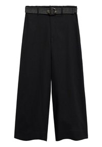 Černé široké kalhoty s texturovaným odpovídajícím opaskem s kulatou přezkou. Hladká látka s čistým siluetou a bez viditelných vzorů.