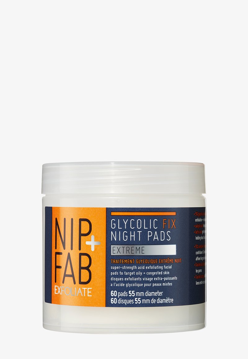 Container met glycolische fix nacht pads, wit plastic met een doorzichtige deksel. Voorzien van oranje en donkerblauwe etiketten met productinformatie. 60 pads, diameter 55 mm.