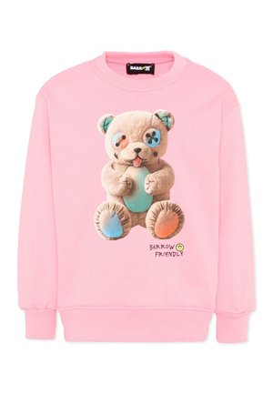 Felpa rosa con grafica ricamata di un orsetto con occhi a bottone di colori diversi e toppe colorate, etichettata "BARROW FRIENDLY" con una faccina sorridente.