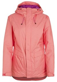 Rosa, randig utomhusjacka med lila foder, justerbar huva, framfickor och dragkedjestängning. Slät tygtextur.