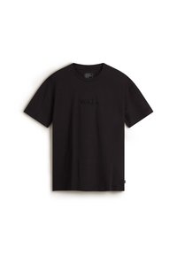 Camiseta negra de manga corta hecha de algodón con un logo "vans." en relieve en la parte frontal y un diseño clásico de cuello redondo.