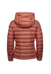 Gevoerde, lichte jas in zachte koraalkleur. Heeft een capuchon, een doorgestikt ontwerp en elastische boorden. Zachte textuur, warme isolatie.