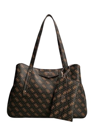 Sort Guess tote taske med brunt monogrammønster og lille matchende pung fastgjort med strop.