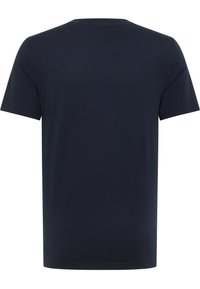 Tumesinist puuvillane lühikeste varrukatega t-särk, ümmarguse kaelusega ja sileda tekstuuriga. Ilma nähtavate mustrite või aksentideta.