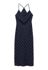 Tmavě modré šaty s chevronovým vzorem v bílých pruzích, s tenkými křížovými ramínky a přiléhavým střihem. Hladká textilie.