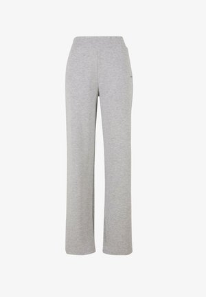 Gray, wide-leg sweatpants made of soft material with an elastic waistband and no visible pockets. Smooth texture with a simple design.