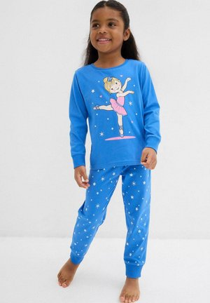 Kinder-Pyjama-Set in Blau mit langen Ärmeln. Das Oberteil zeigt ein Ballerina-Design; die Hose hat weiße Sternmuster. Aus weichem, komfortablem Stoff.