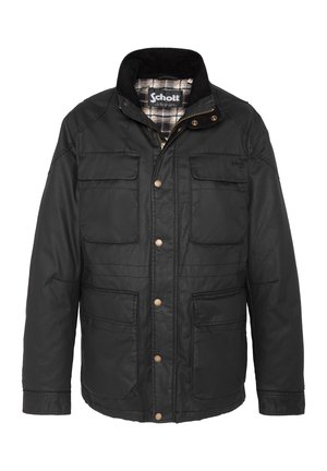 Veste noire Schott avec col en velours côtelé, doublure intérieure à carreaux, fermeture éclair devant avec boutons-pression et quatre poches avant.