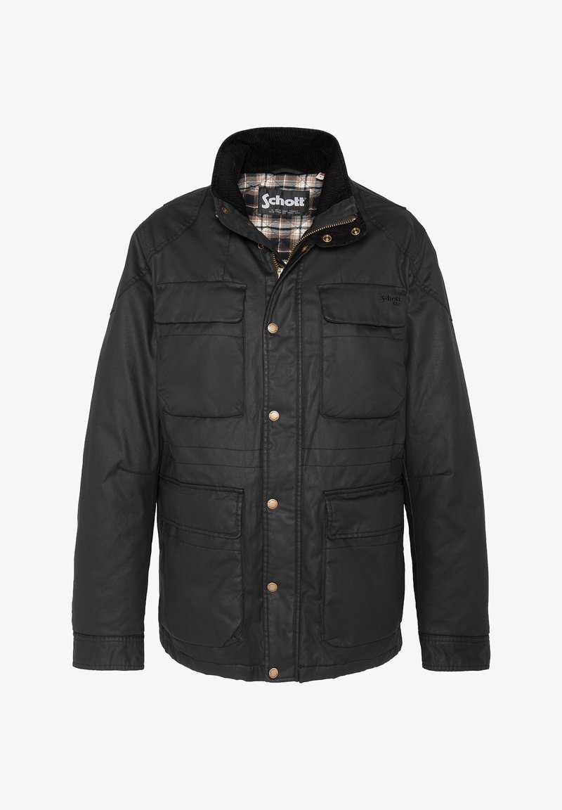Veste noire Schott avec col en velours côtelé, doublure intérieure à carreaux, fermeture éclair devant avec boutons-pression et quatre poches avant.