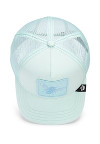 Casquette vert menthe avec un dos en mesh, patch abeille brodé, et un design structuré avec une couronne ronde et une fermeture à pression ajustable.