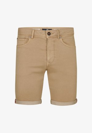 Lysbrune denimshorts med opkrøllet kant, fem-lomme design og lukning med frontknap. Glat tekstur og synlige sømme.