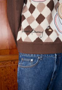 Brun og beige argyle-genser med brodert tekst "Ahead Sunny" brukt med blå denimjeans mot en trebakgrunn.