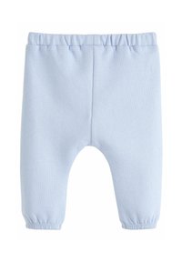 Lyseblå bløde bukser i stof med elastisk talje og samlede manchetter, der har en simpel, glat tekstur og en afslappet pasform.