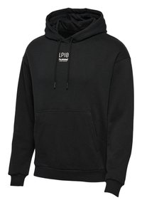 Sort pullover-hoodie med front-kængurulomme, snøretræk i hætten, ribstrikkede manchetter og hvidt "LP10 hummel sportswear"-logo på brystet.