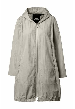Hellgraue, lange Jacke mit Kapuze, Frontreißverschluss, elastischem Saum und seitlichen Reißverschlusstaschen, aus leicht strukturiertem Stoff gefertigt.