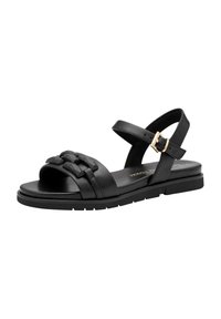 Schwarze Ledersandale mit einem breiten Riemen mit strukturiertem Design, kleiner Schnallenverschluss und flacher Sohle mit gemustertem Detail.