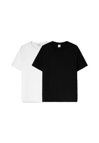 Bombažna majica v črni in beli barvi, z kratkimi rokavi, okrogli ovratniki in preprostim, brez okrasitvami oblikovanjem.