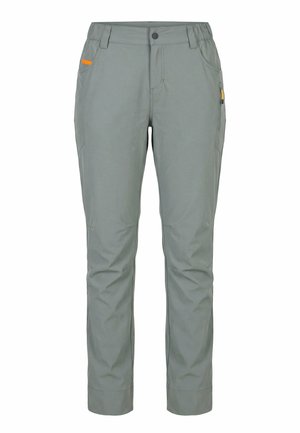 Pantaloni grigio chiaro a gamba dritta con tasche frontali, vita elastica, chiusura con bottone e piccoli dettagli di cerniere arancioni e gialle.