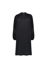 Černé šaty s dlouhými balónovými rukávy. Výstřih do V. Tkanina je hladká s krajkovými detaily na rukávech. Výška ke kolenům a rovný silueta.