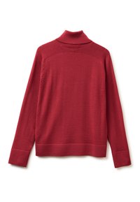 Roter Rollkragenpullover aus weichem Strickstoff. Mit langen Ärmeln, gerippten Bündchen und einem dezenten Texturmuster.
