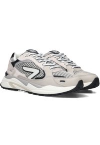 Light gray athletic shoes with mesh and leather details, contrasting black accents, round toe, and white rubber outsole. Laces are beige.