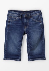 Denimshorts i mörkblått med blekningsdetaljer. Har fem fickor, knappstängning och rak skärning. Midja i medelhöjd.