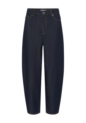 Mørkeblå jeans med høj talje og lige ben, lukket med forreste knap og lynlås samt fem-lomme design.