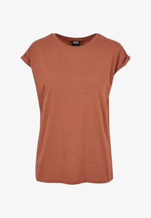 Rustfarvet kortærmet t-shirt lavet af blødt stof, med rund halsudskæring og opsmøgede ærmer, der har lige søm og en afslappet pasform.