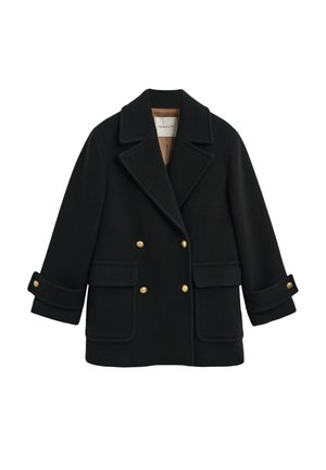 Cappotto in lana doppio petto nero con bottoni dorati, ampi revers, due tasche frontali e cinturini ai polsini.